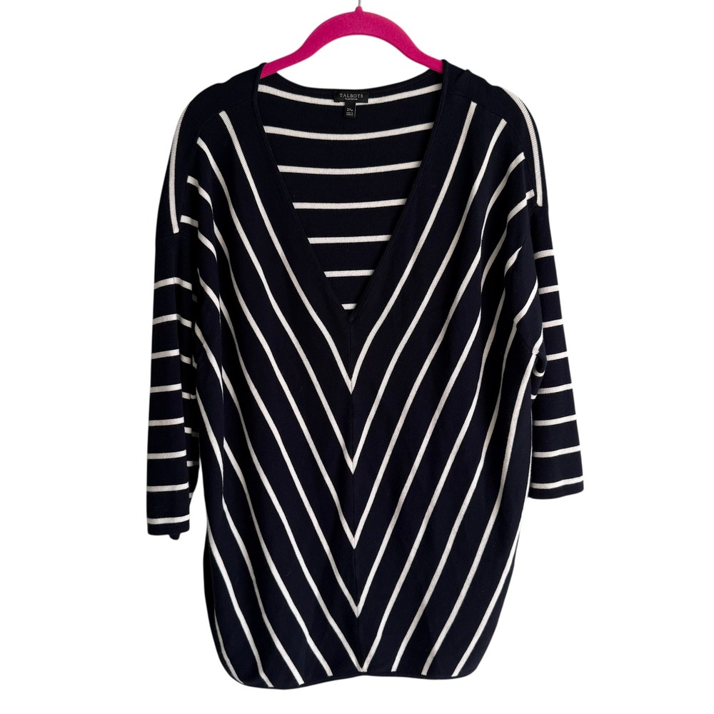 TALBOTS Plus Petites Navy and White Deep V-Neck Ladies 3/4‎ Sleeve Sweater, 2XP